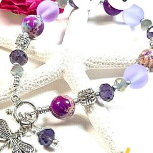 Purple and Silver Beaded Bracelet with Dragonfly Charm
